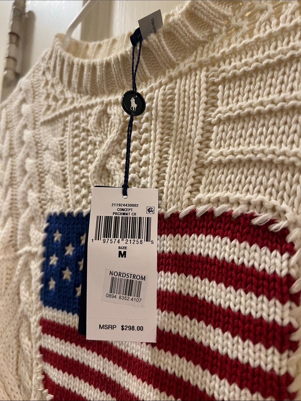 Polo by Ralph Lauren Cream Cable-Knit Sweater with American Flag - Picture 2 of 3